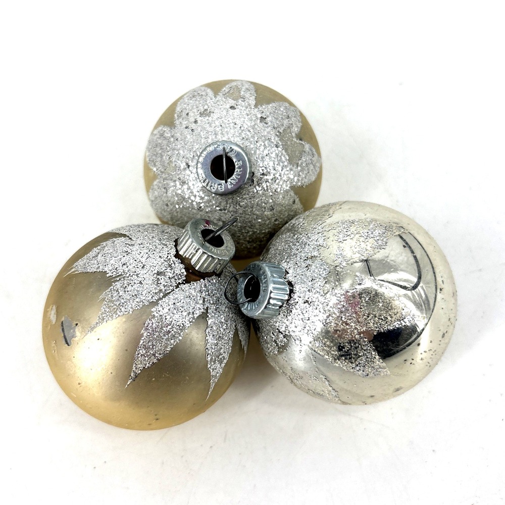 3 Vintage Shiny Brite Christmas Ornaments Matte Gold & Silver  Mica Snow Cap USA